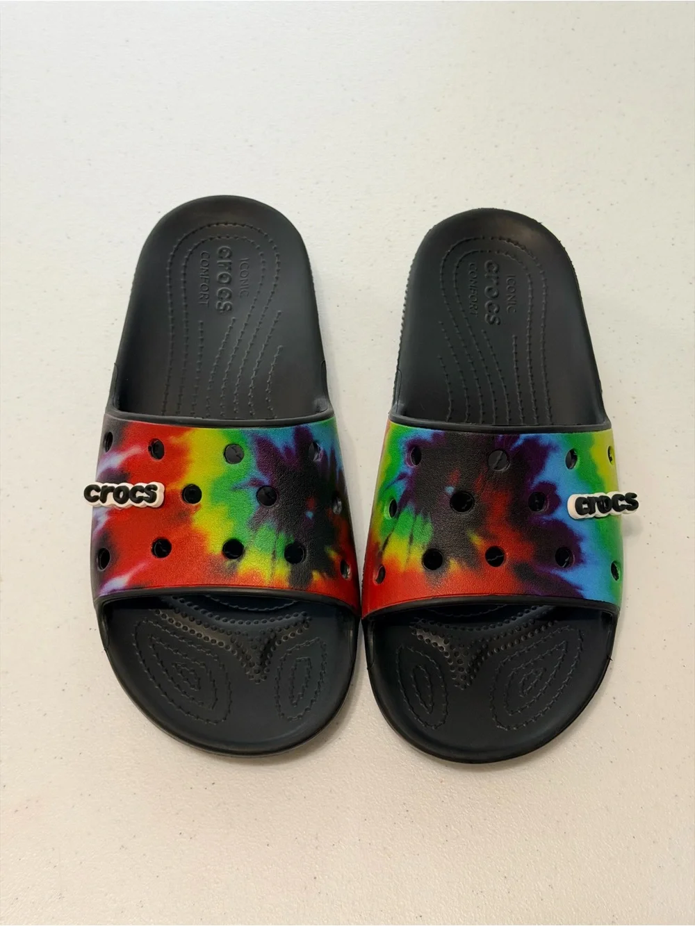 CROCS Adult Tie-Dye Slide Sandals in Rainbow & Black